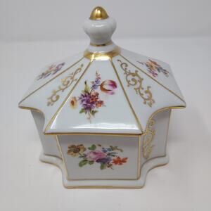 Porcelain Trinket Box Lidded Erphila Germany 1930s Floral Gold Marked 5"